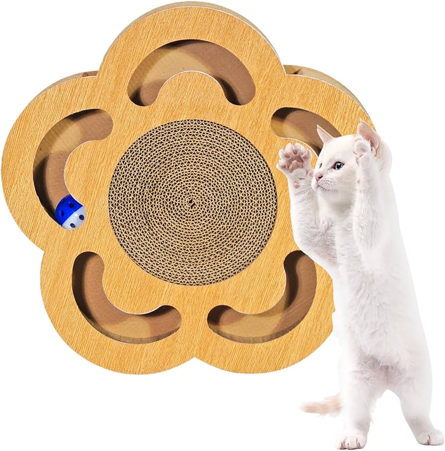 RASCADOR PARA GATO DISEÑO MADERA CON JUGUETE INTERACTIVO FLOR