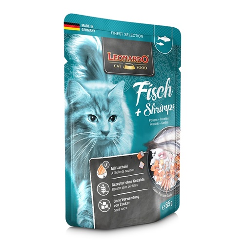 ALIMENTO HUMEDO PARA GATO LEONARDO PESCADO Y GAMBAS 85GR