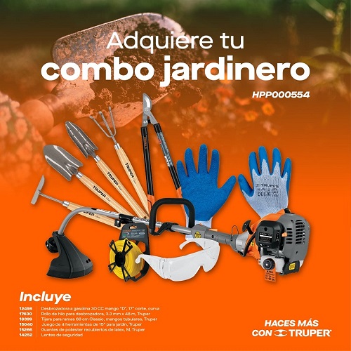 COMBO JARDINERO (DESBROZADORA, ROLLO DE HILO, TIJERA PARA RAMAS, JUEGO DE 4 HERRAMIENTAS, GUANTES DE POLIESTER Y LENTES DE SEGURIDAD)