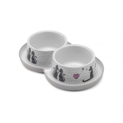 [H136] PLATO PARA GATO DOBLE TRENDY DINNERS CAT CATS IN LOVE