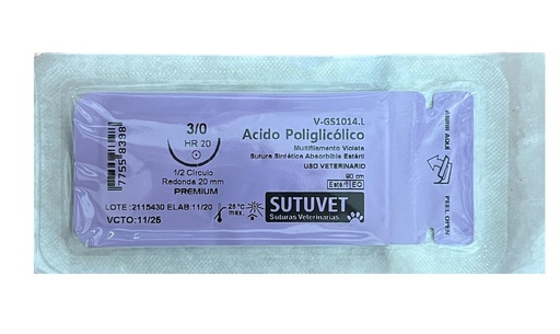 SUTURA DE PLYGLUCOLIC 3/0 CON AGUJA 20MM 1/2 REDONDA