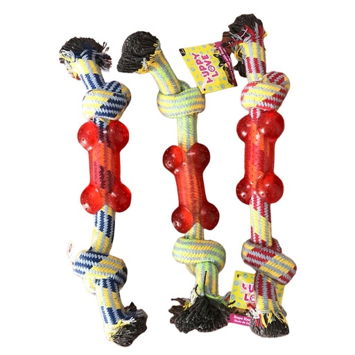 [37273] JUGUETE PARA PERRO NUDO DE CUERDA CON HUESO, VARIOS COLORES PUPPY LOVE